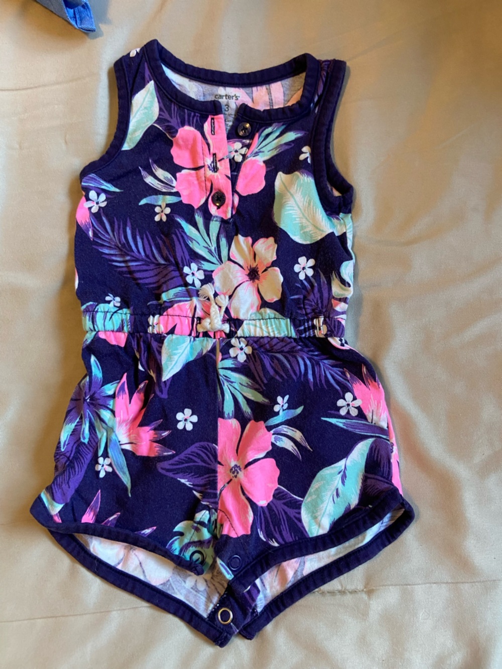 Carter's Navy Floral Sleeveless Romper with Pink & Teal Blooms